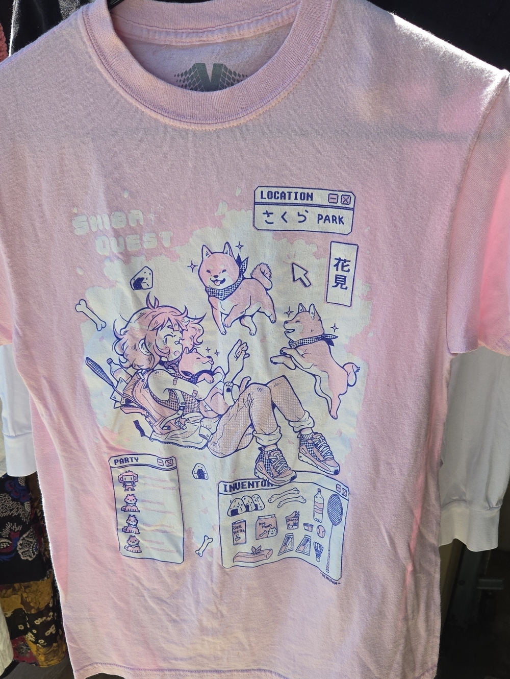 Girls' Light Pink Graphic Tee with Shiba Inu Gaming Illustration